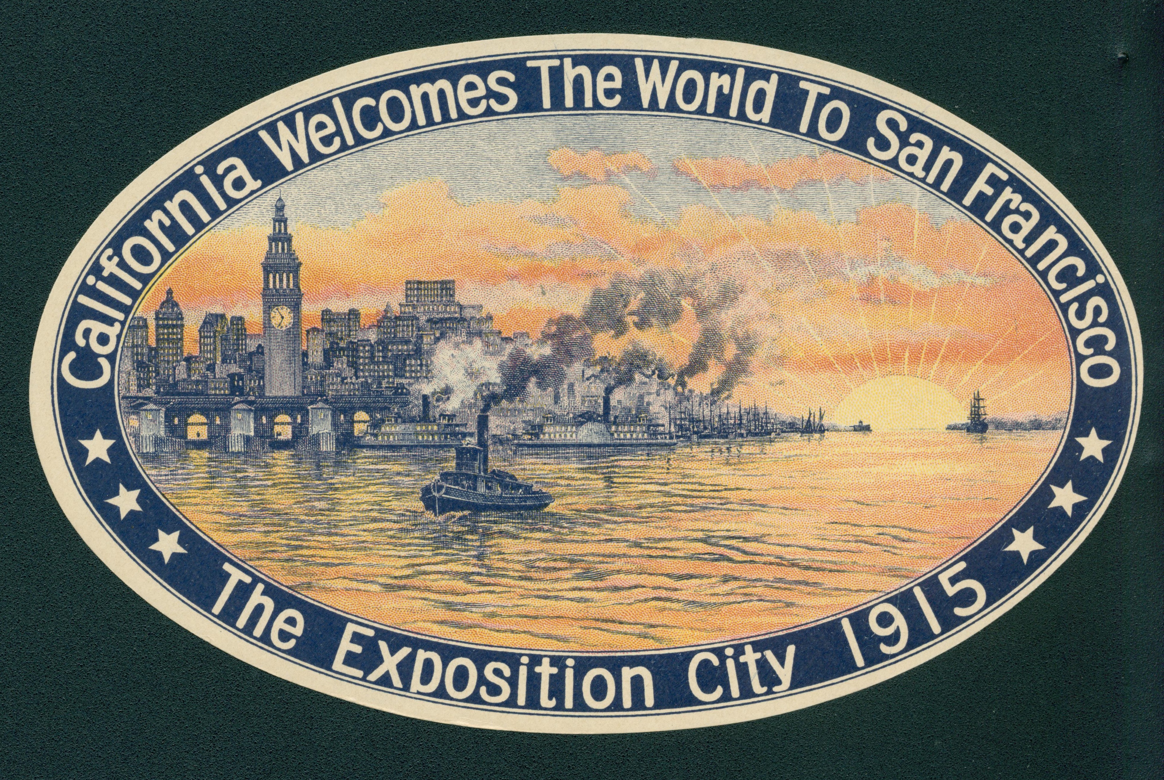 Lithograph of San Francisco from San Francisco Bay with golden sun setting at the entrance.